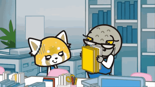 a cartoon of a man and a cat looking at papers