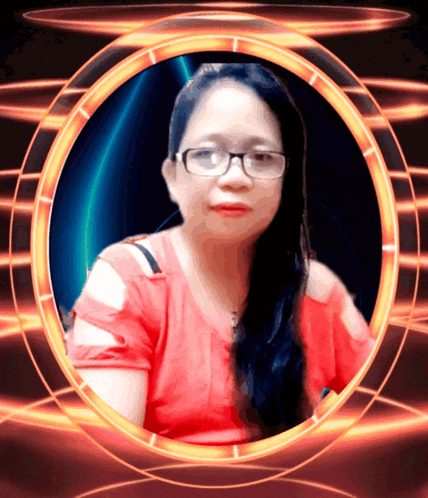 a woman wearing glasses and a red shirt is surrounded by a glowing circle