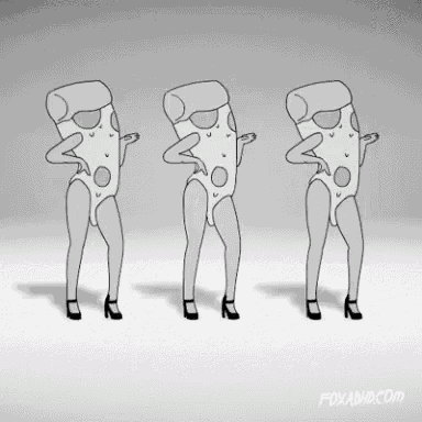 a black and white drawing of three women dressed as pizza