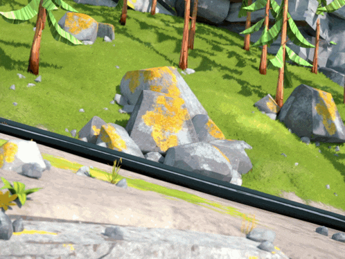 a computer generated image of a rocky landscape with trees and grass