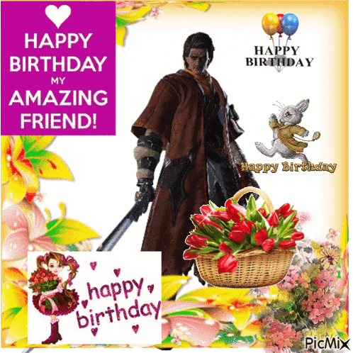 a happy birthday card with a man holding a sword and flowers