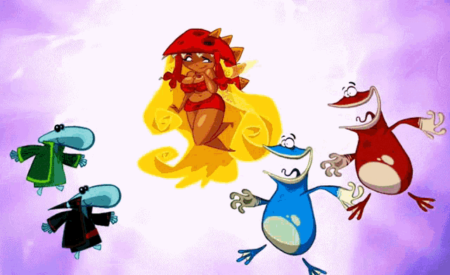 a group of cartoon characters including a frog and a ladybug