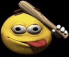 a yellow smiley face is sticking its tongue out while holding a baseball bat .