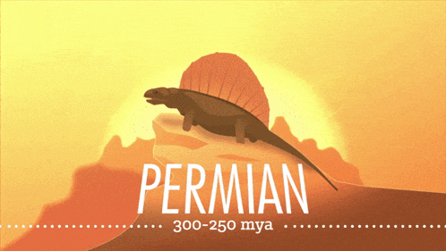 an illustration of a dinosaur with the word permian 300-250 mya below it