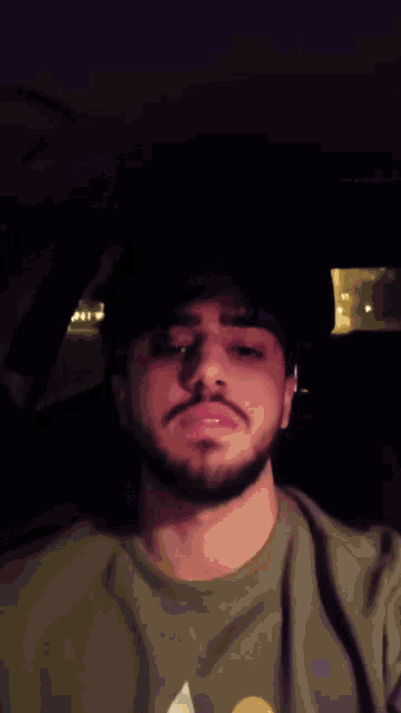 a man with a beard is wearing a gray shirt and a hat