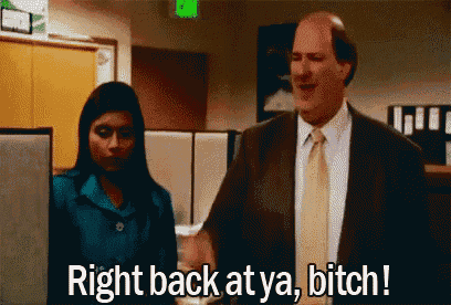 a man in a suit and tie is standing next to a woman and says right back at ya bitch