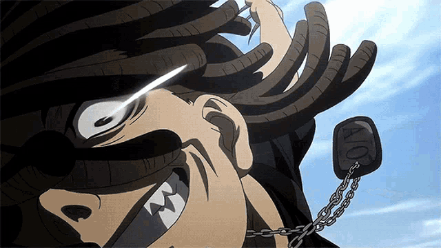 a close up of a cartoon character 's face with a car key hanging from his neck