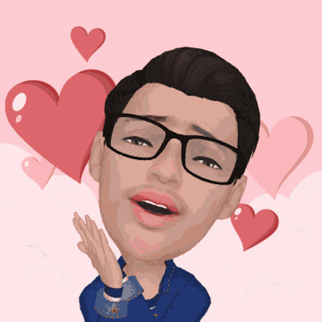 a cartoon of a man wearing glasses with hearts around him