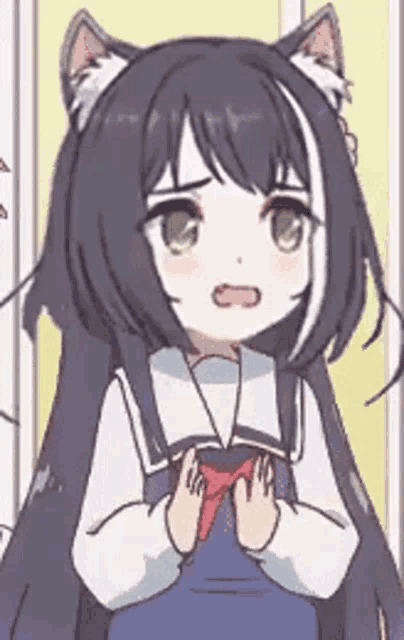 a close up of a cartoon girl with cat ears holding a red bow .