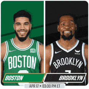 two boston and brooklyn basketball players on a green and black background