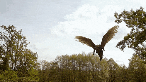 a person with wings is flying through the air over a forest