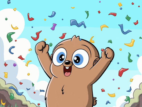 a cartoon drawing of a bear with confetti falling from the sky