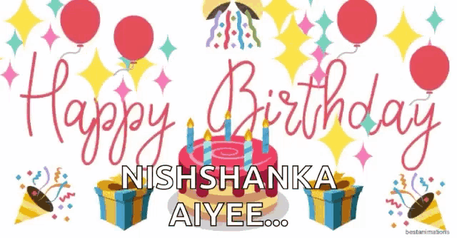 a birthday card with a cake and balloons says happy birthday nishshanka aiyee
