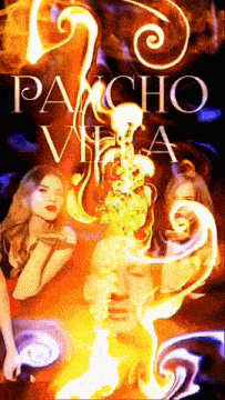 a poster for pancho villa has a man and two women on it