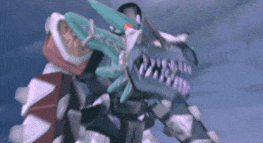 a robot with a sword in its mouth is flying through the air