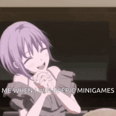 a purple haired anime girl is smiling and praying with her hands folded in front of her face .