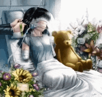 a painting of a woman laying in a hospital bed with a teddy bear and flowers