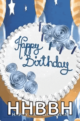 a happy birthday cake with blue frosting and candles on it