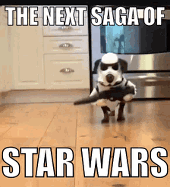 a dog dressed in a storm trooper costume with the words the next saga of star wars