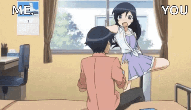 a girl in a purple dress is sitting on a man 's lap with the words me and you above her