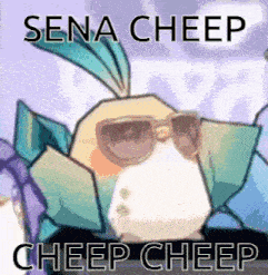 a cartoon of a bird wearing sunglasses and a cape with the words sena cheep cheep cheep