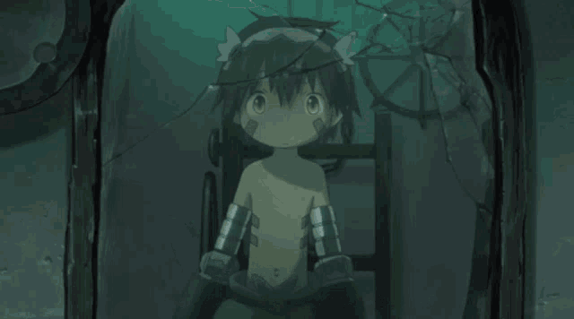 a girl with a bow on her head is standing in a dark room