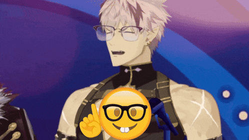 a man wearing glasses is holding a microphone next to an emoji