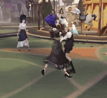 a group of people are dancing in front of a merry go round in a video game