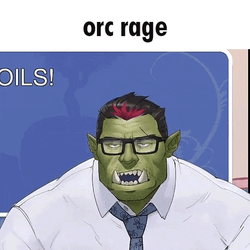 a cartoon of an orc with glasses and a red mohawk .