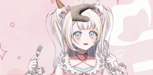 a girl with pigtails is holding a fork and spoon