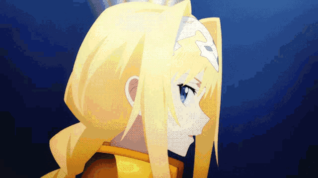 a close up of a blonde anime character with a blue eye
