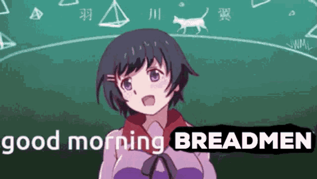 a girl is standing in front of a chalkboard with the words `` good morning breadmen '' on it .