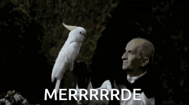 a man in a tuxedo is holding a white parrot on his hand with the words merrrrde written on the bottom