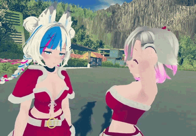 two anime girls are standing next to each other and one is wearing a santa suit