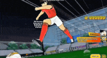 a cartoon of a soccer player kicking a soccer ball on a field .