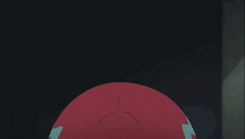 a person wearing a purple hat with the letter r on it is standing next to a white ball with red eyes