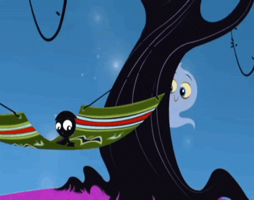 a cartoon character laying in a hammock with a ghost behind him