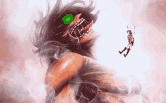 a painting of a monster with green eyes and a person flying in the air .