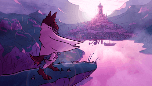 a cartoon drawing of a wolf standing on a cliff overlooking a castle