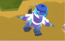 a blue and purple cartoon character with a hat on