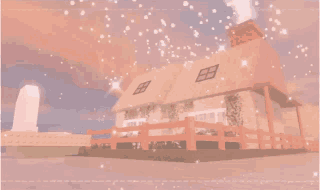 a house with a fence in front of it and snow falling on it