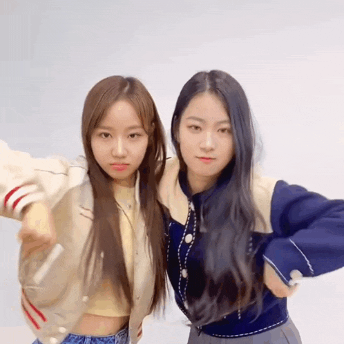 two young women are posing for a picture together and one of them is wearing a blue sweater .