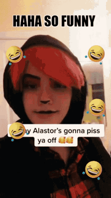 a person with red hair is surrounded by yellow smiley faces and the words haha so funny