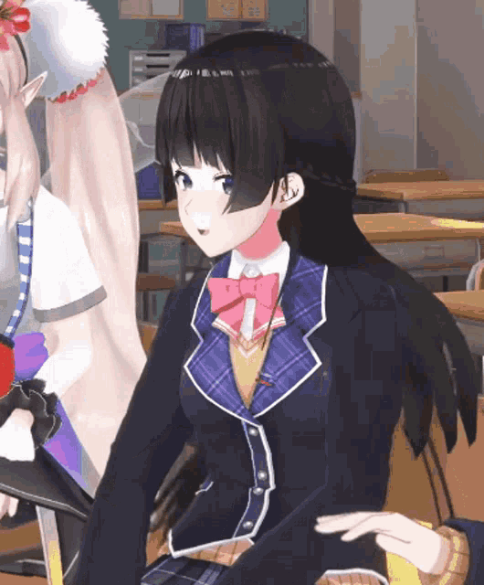 a girl in a school uniform with a pink bow