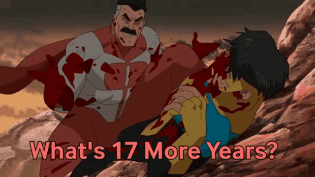 a cartoon of a man holding another man with the words what 's 17 more years