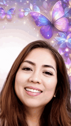 a woman is smiling in front of a purple background with butterflies