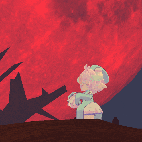 a cartoon character stands in front of a red sky