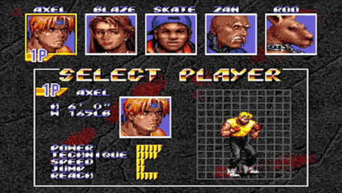 a video game screen shows axel blaze skate and rod among others