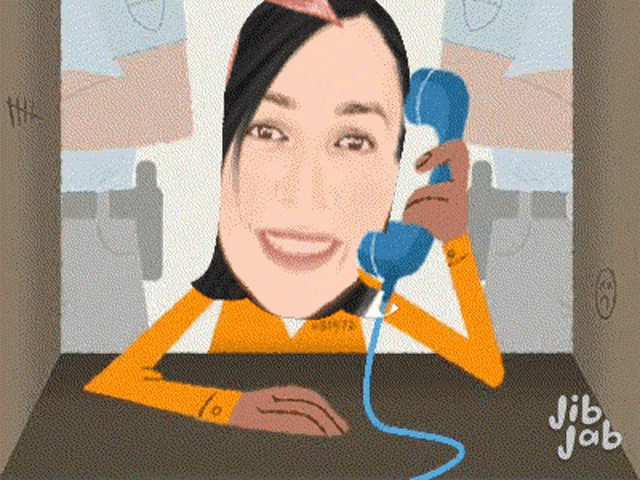 a cartoon of a woman talking on a blue telephone with jib jab written on the bottom