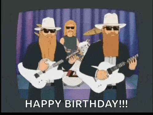 a cartoon of three men playing guitars with the words happy birthday in the corner